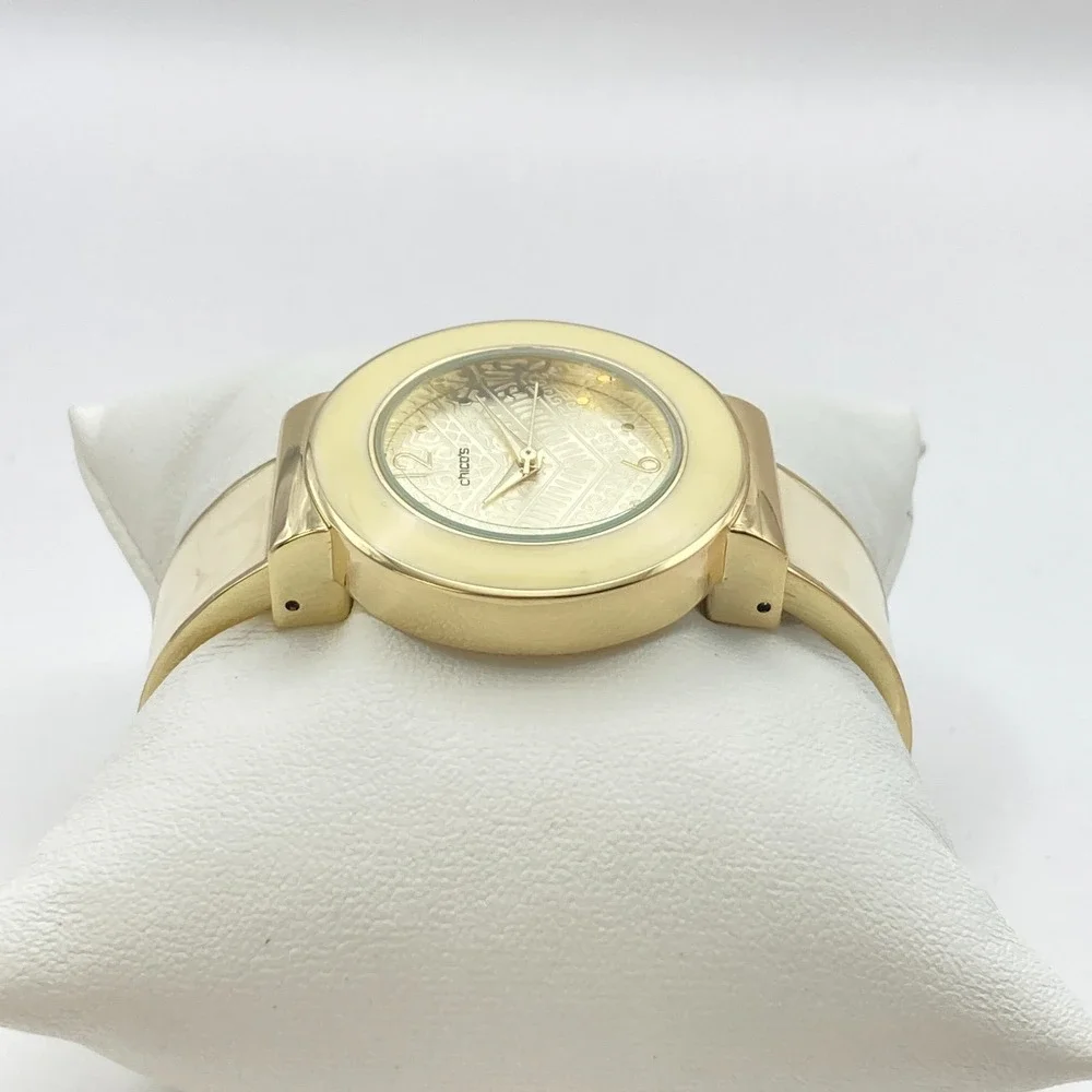 Chico's Womens Watch 35mm Gold Tone Cuff Cream Inlay Geometric New Battery 6.25